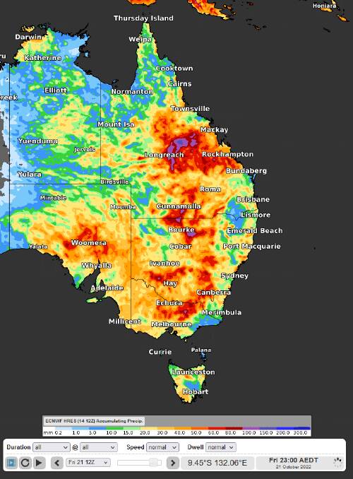 Accumulated precipitation to Fri 21st 23:00 AEDT using ECMFW model. Picture from Weatherzone. 