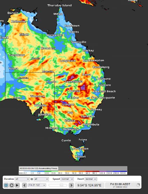 Accumulated precipitation to Fri 21st 23:00 AEDT using ACCESS-G model. Picture from Weatherzone. 