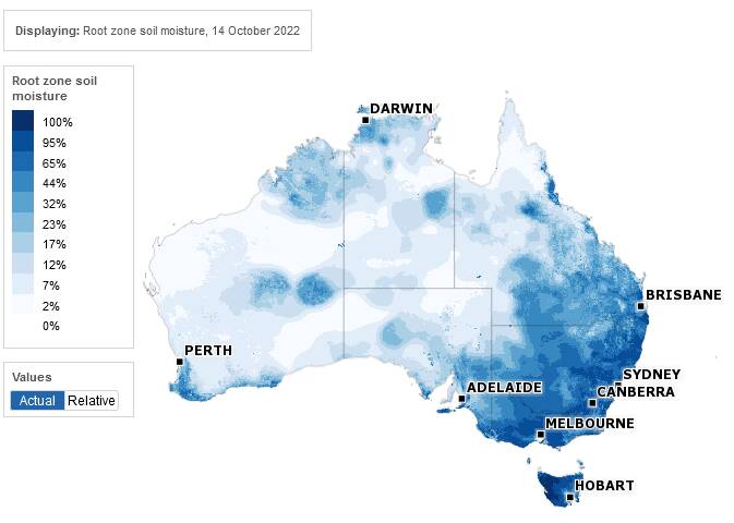 Root zone soil moisture for October 14th 2022. Picture from Bureau of Meteorology 