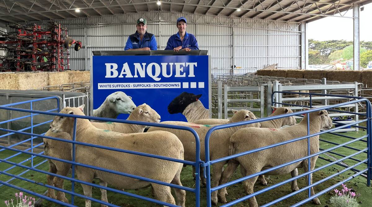 Banquet stud principals Gordon and Hamish Branson, Mortlake, with the six equal top rams. Picture supplied