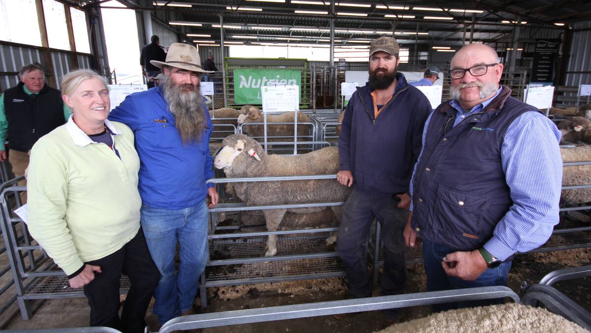 Volume buyers Sarah, Jonathan and Hamish Keith, Glenlogie, who bought seven rams total on the day, alongside Craig Trickey, Coryule Merinos. Picture by Holly McGuinness