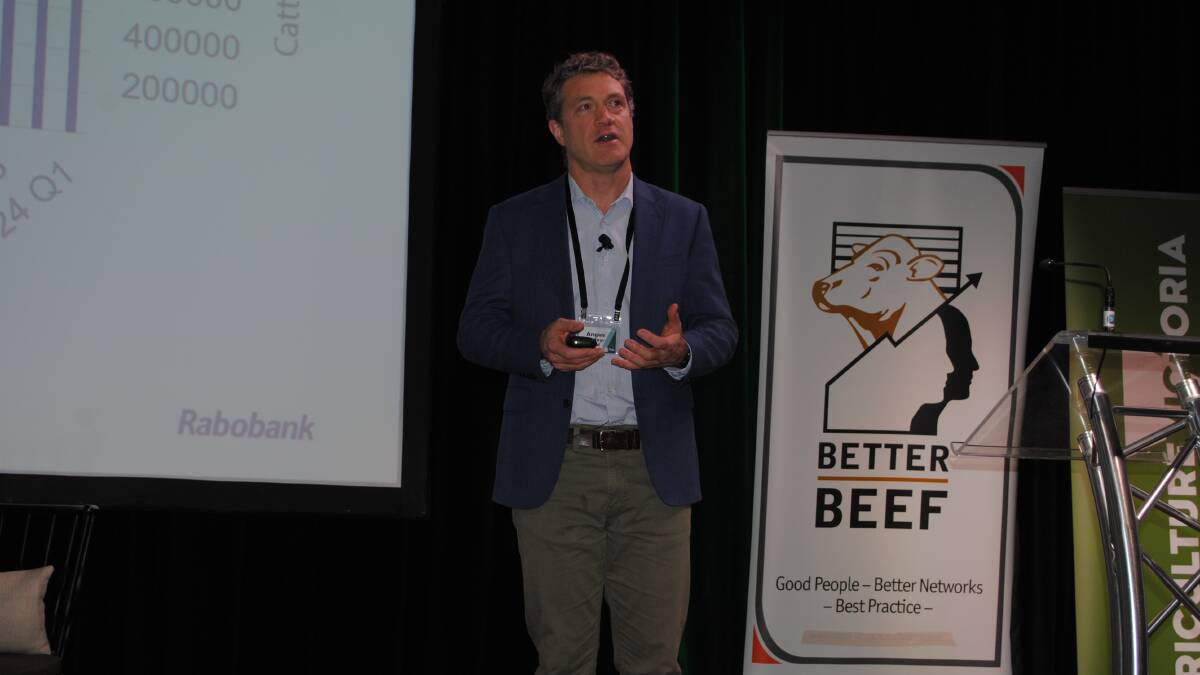 Rabobank food and agribusiness senior analyst Angus Gidley-Baird speaking at the Better Beef conference, Ballarat, this week. Picture by Barry Murphy