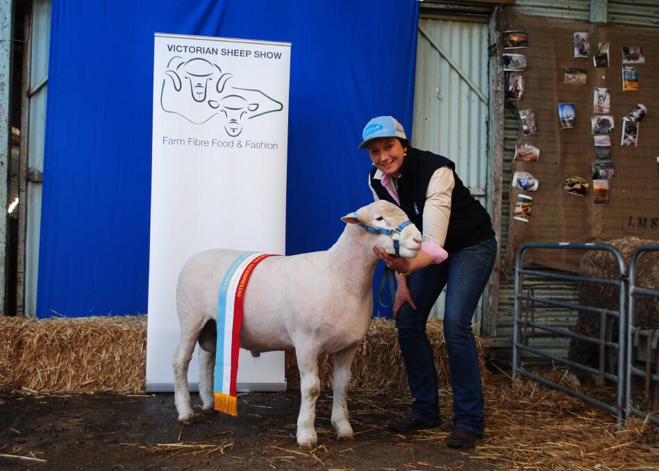 Estjam Poll Dorset stud principal Esther Glasgow, Woolsthorpe, with her Poll Dorset ram which was breed champion and went on to be reserve interbreed short wool champion at the Victorian Sheep Show. Picture by Barry Murphy 