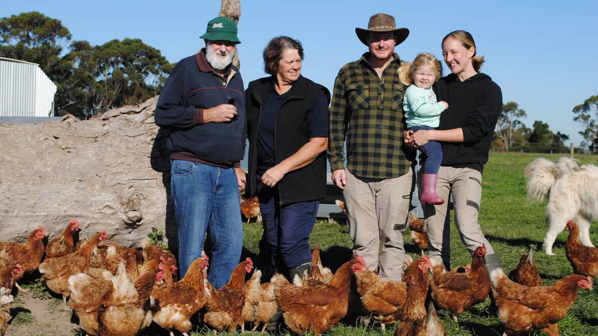 Bert and Glenys Van Boxtel, Catani, with their son Jeremy, granddaughter Miriam (2) and daughter-in-law Stephanie, at their mixed dairy and poultry farm. Picture by Barry Murphy 