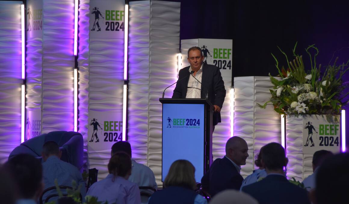 Cattle Australia's Garry Edwards speaking at Beef Australia. Picture Shan Goodwin.