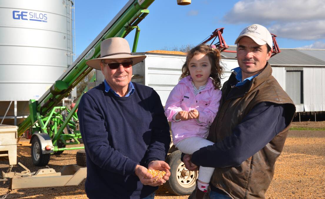 David, Poppy and Tom Kininmonth, "Eastside", Ombersley, say long-term records show the current rainfall deficit is one of the worst on record. Photo by Bryce Eishold.