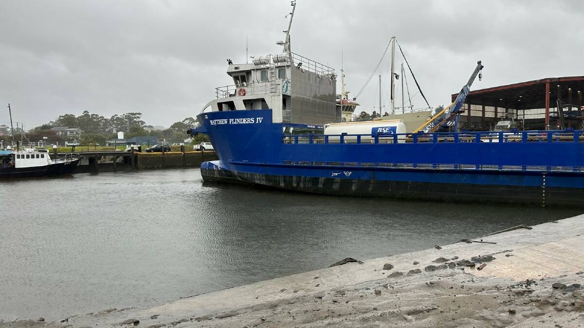Matthew Flinders IV at Bridport, Tas, at low tide. Picture supplied by Bass Strait Freight 