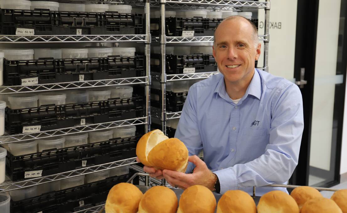 FRESH: AGTs Tristan Coram with loaves made from high-fibre flour at the company's Grain Quality laboratory at Roseworthy, SA.