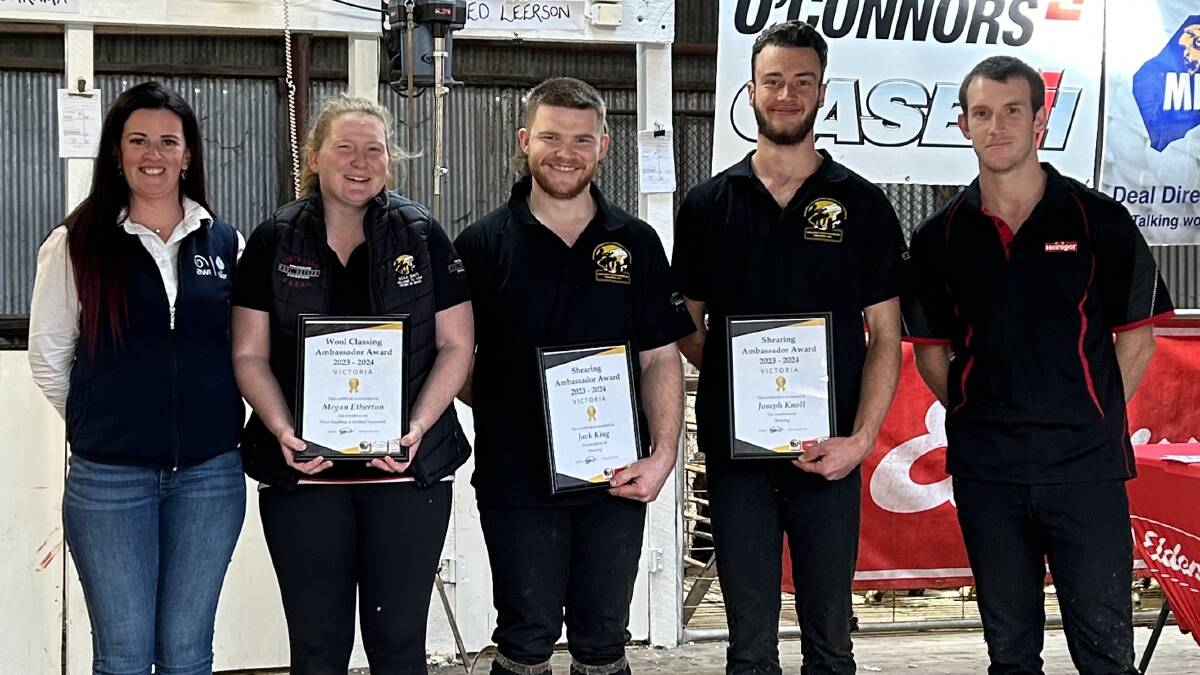 Australian Wool Innovation industry relations officer Holly Byrne, Jack King, Megan Etherton, and Joseph Knoll who were named Fox Lillie Rural Woolhandling Ambassadors for 2023-24, and SCAA trainer Sam Mackrill.