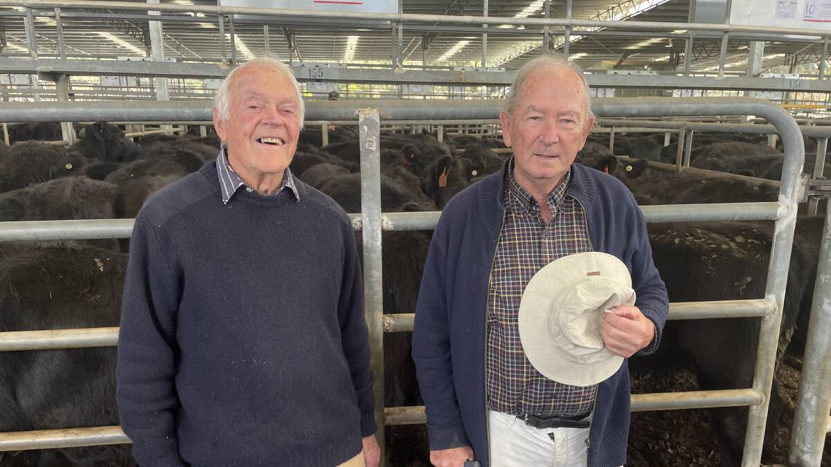 Hugh Middleton, 85, Trafalgar, and John Clements, 82, Cremona Park, Caldermeade, sold almost 400 cattle between themselves at Yea on Friday. Picture by Bryce Eishold