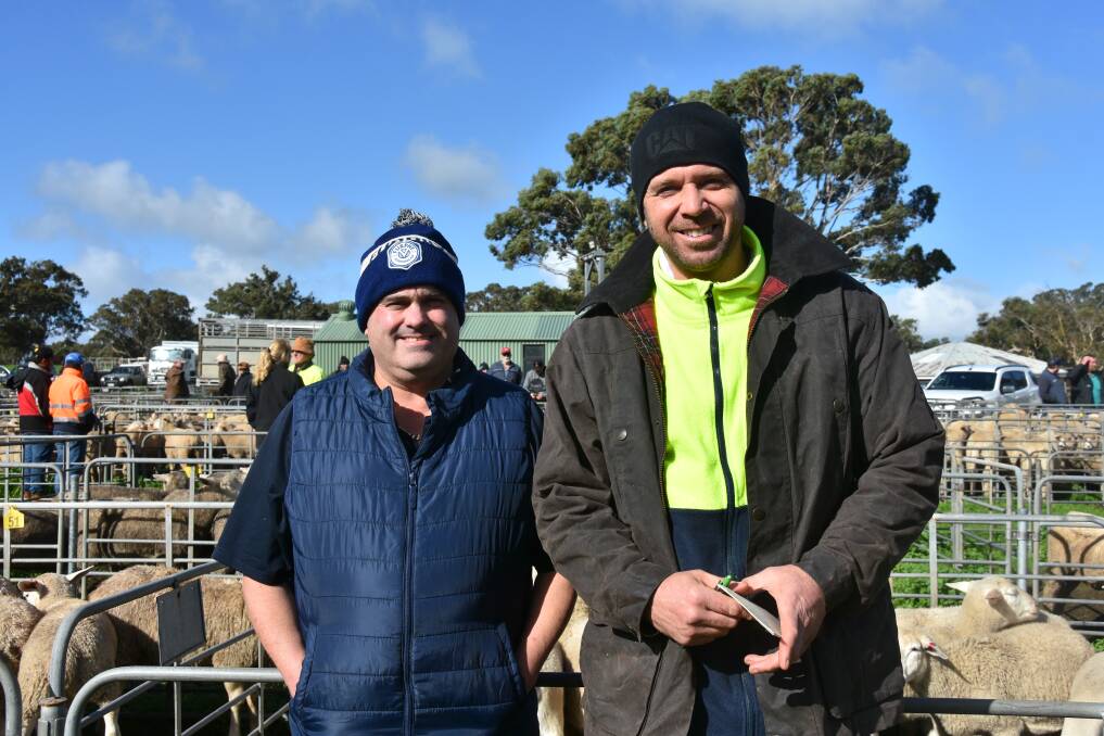 David Benham, Coromandel Valley, SA, and Ned Cesko, Lobethal, SA, were keen to buy some sheep at the Mount Pleasant, SA, sale in early June. Picture by Liam Wormald