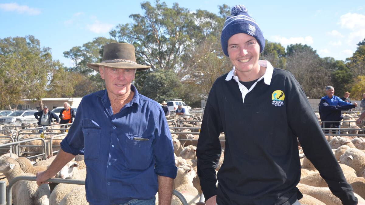 Terry Steed, Strathalbyn, SA, and Cooper Walton, Mypolonga, SA, pictured at the recent Mount Pleasant, SA, sheep sale. Picture by Vanessa Binks 