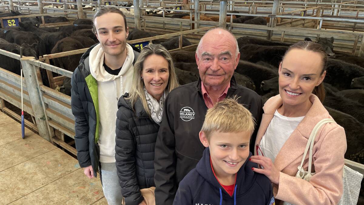 Agent Mick Hornsby, Elders Delaney Livestock & Property, Ascot Vale, sold his last pen of cattle at Pakenham, alongside his daughters and grandsons, Harry and Nicole Busuttil, Essendon, Carolyn and Lucas, 9, Rawiller, Ascot Vale. Picture by Bryce Eishold