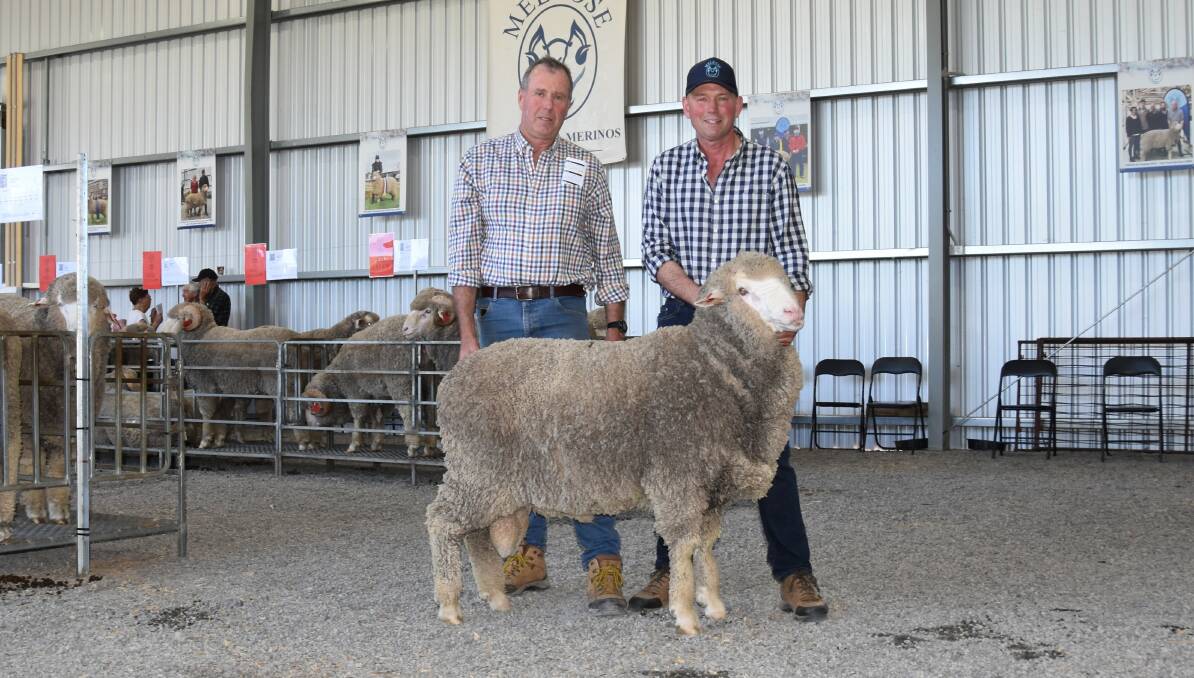 Buyer of the top-priced lot at $6500, Ian Ross, Telangatuk East, with Melrose Merino stud principal Warren Russell, Nurrabiel. Picture by Alastair Dowie