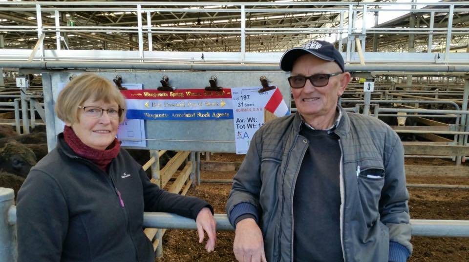 WEANER WINNERS: Graham and Pam Norman, Wangaratta, topped the weaned section of Friday's Wangaratta grown steer and spring weaner sale with their 360kg Banquet-blood steers, which sold for $1270 a head or 353 cents a kilogram.