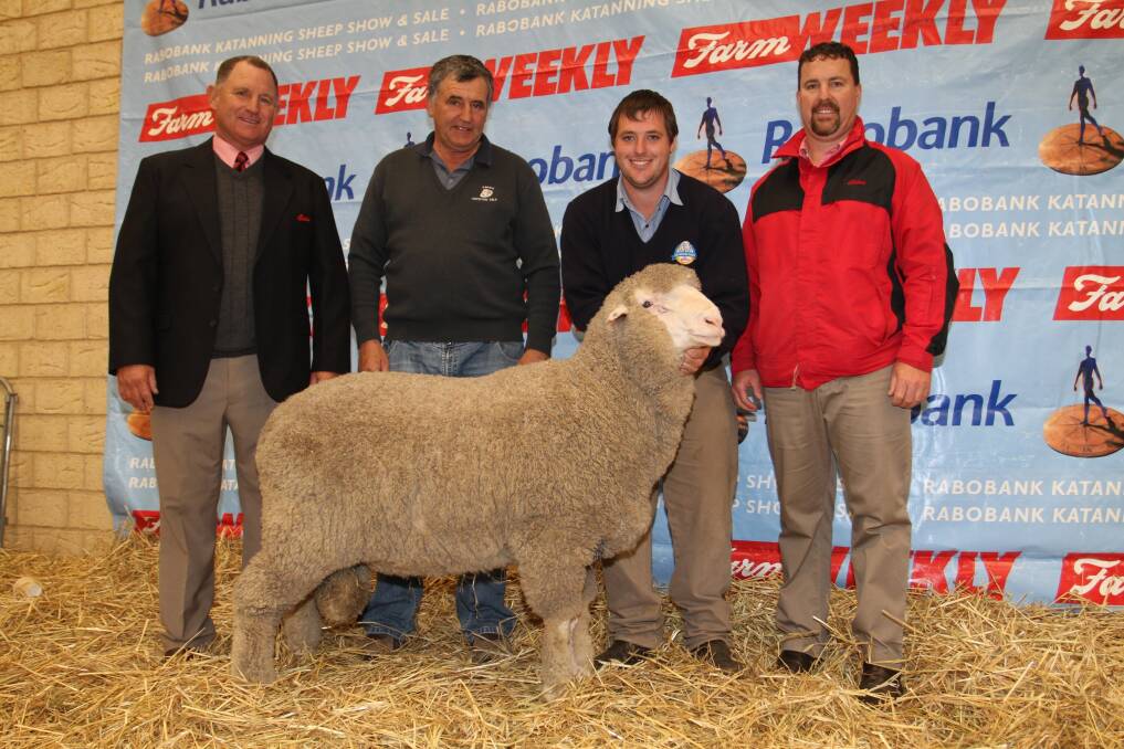With the $25,000 top-priced ram for the 2015 selling season were Elders stud stock representative Russell McKay (left), buyer Bill Cowan, Crichton Vale, Narembeen, Seymour Park stud principal Clinton Blight and Elders stud stock representative Nathan King.