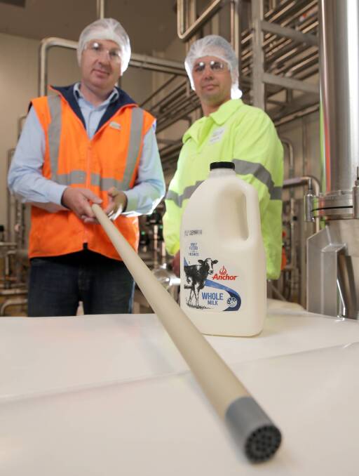  Fonterra's Cobden production manager Brett Rowlands, with one of the plant's new microfiltration tubes, and production supervisor Brad Matin. Picture: Rob Gunstone