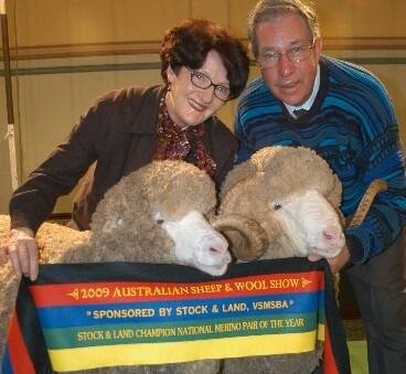 Mary and Graham Wells, One Oak, Jerilderie, NSW, with their winning national Merino pair.