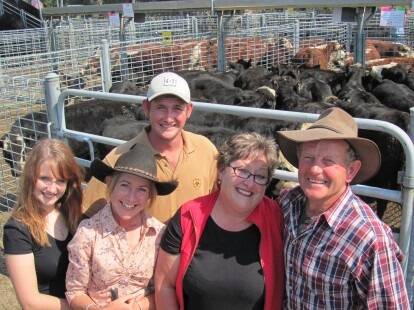 The Chalwell family including Meg, Rebecca, Jeanette, Glenn and Paul (rear), Bowmans Forest and Catherine Station, sold 232 Hereford and black baldy mixed sex weaners at Myrtleford. A total of 120 steers topped at $605, average $585, while 112 heifers made to $474, average $445.50.