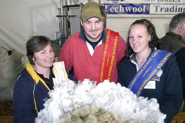 The top three classers in the AWEX Woolclassing Graduate of the Year Victorian final were from right, first placegetter Rebecca Sorensen,  John Thewlis (second) and Kim Joyce (third).