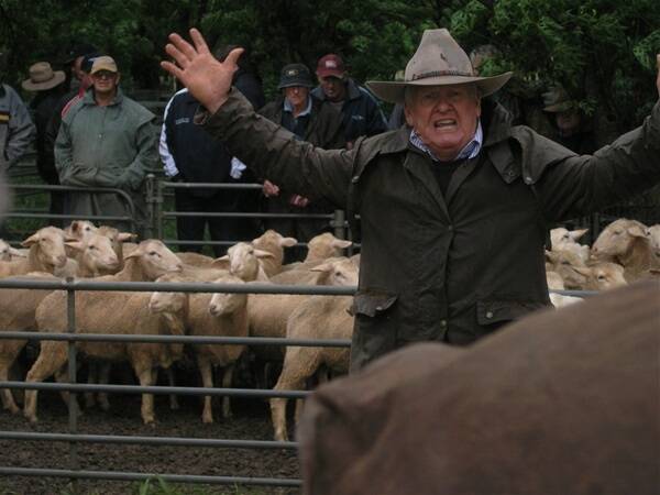Deniliquin agent, Ian Geddes, Geddes & Co calls for bids during a very wet Deniliquin sale.
